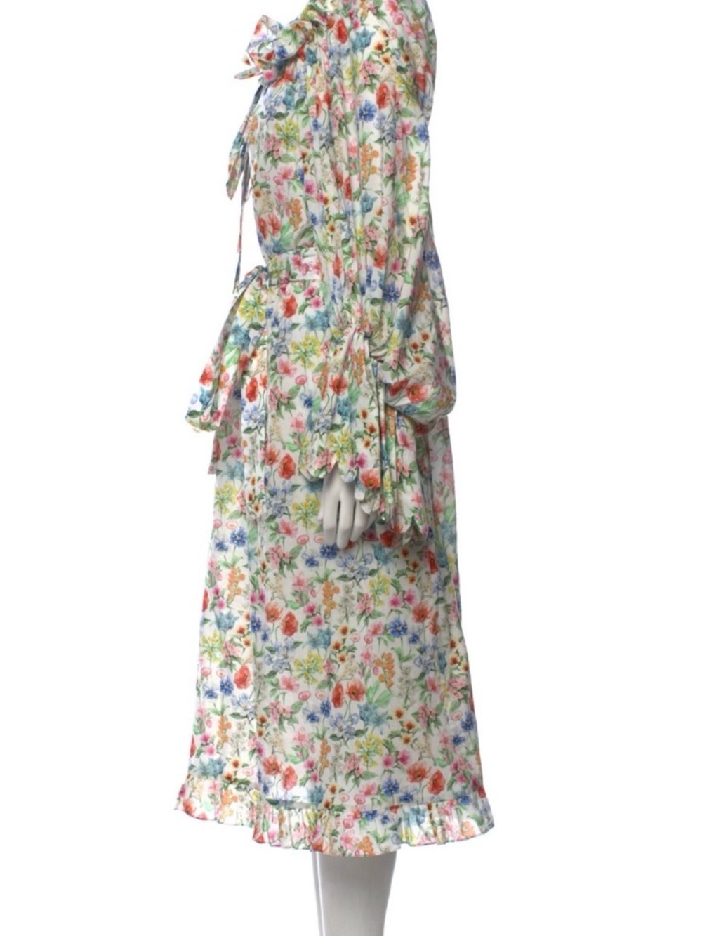 size large Horror Vacui Floral Peasant Midi Dress with Ruffled Neckline - Picture 2 of 6